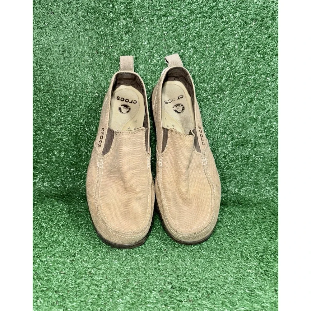 CROCS WALU Men's Size 9 Canvas Slip-On Boat Shoes Loafers Tan Khaki Brown